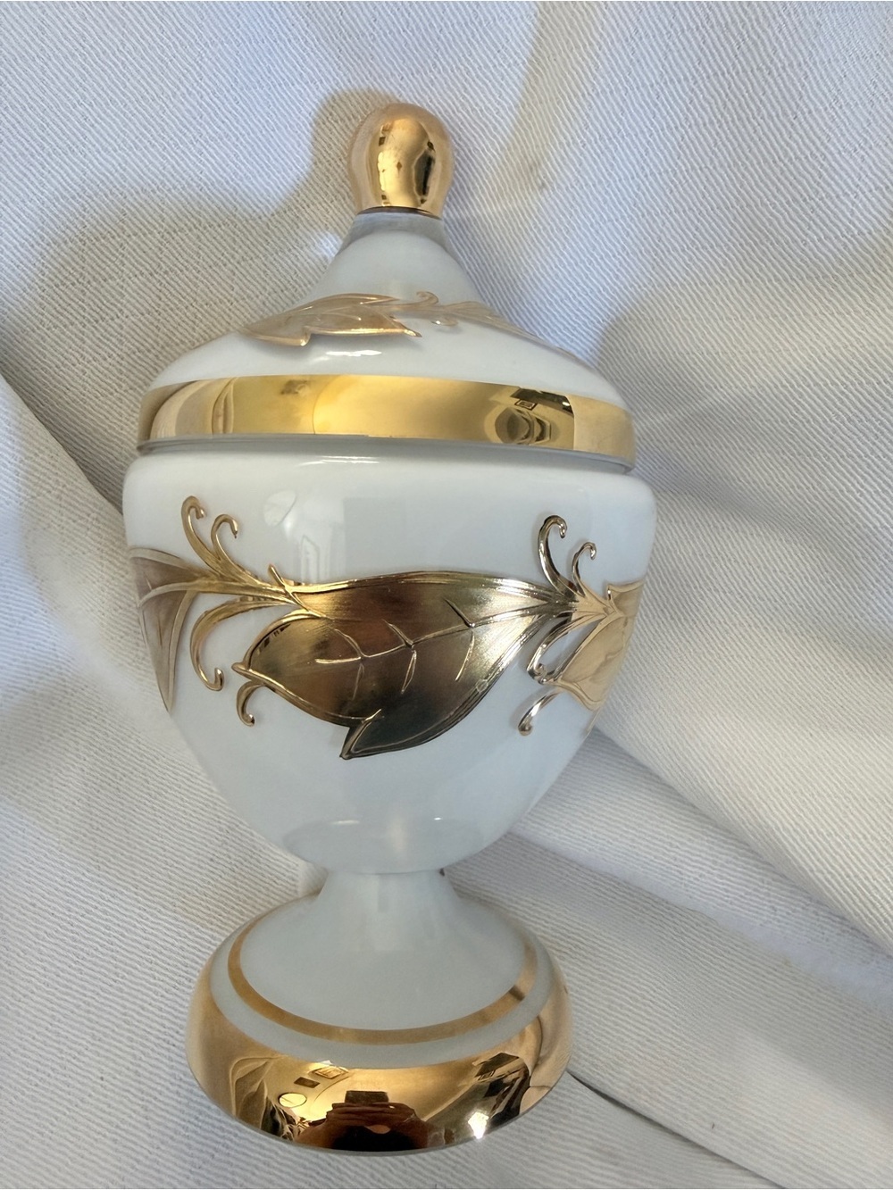 Vintage Mid Century White Opaline Glass Lidded dish Hand Painted Like New!